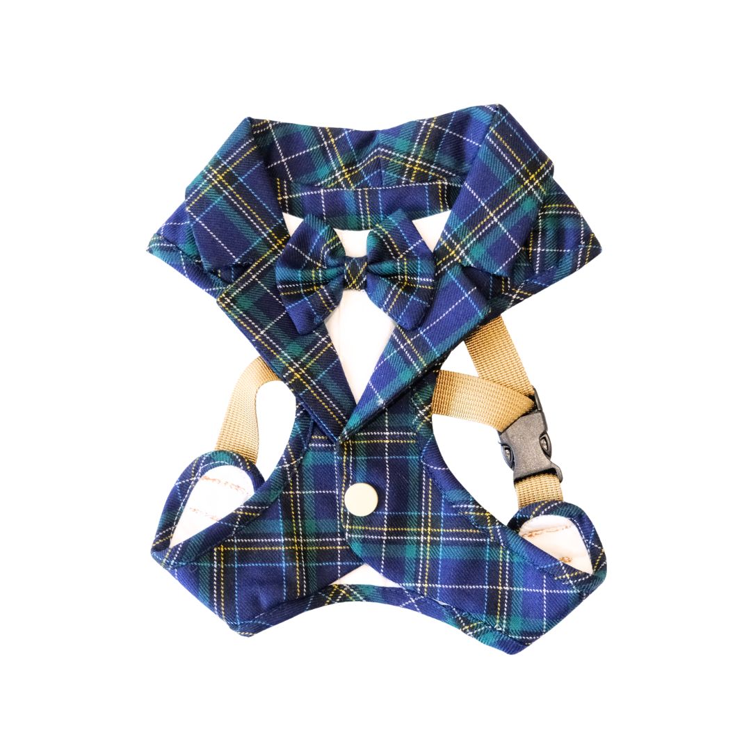 The Eton Gentlepup – Royal Blue & Green Tartan Dog Harness