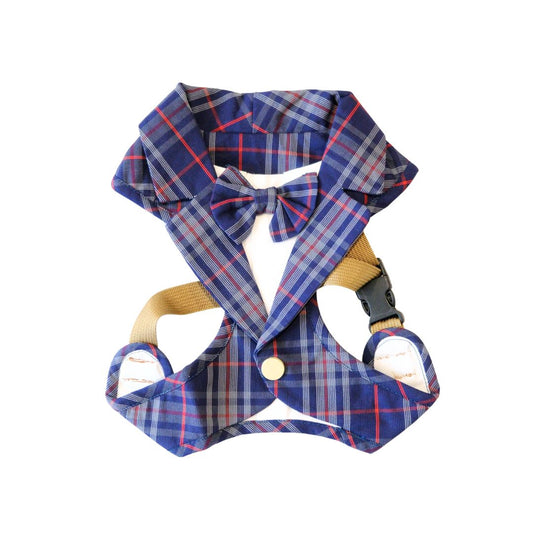 The Oxford Scholar – Navy Tartan Suit-Style Dog Harness