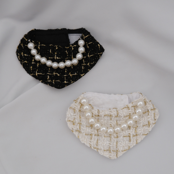 Chanel-Inspired Pearl Pet Bib – Black Classic Tweed for Stylish Pets