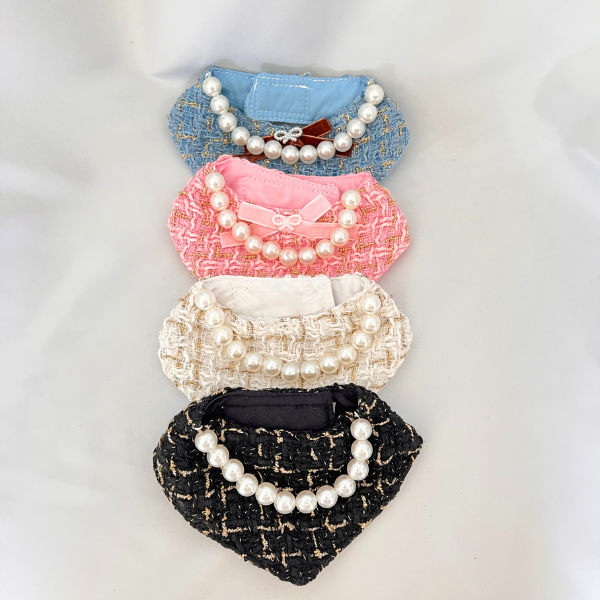 Chanel-Inspired Pearl Pet Bib – Black Classic Tweed for Stylish Pets