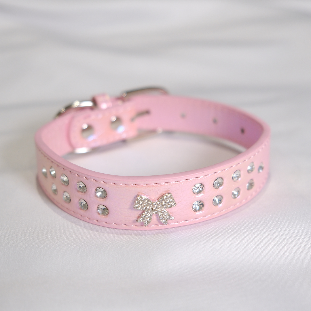 Cute Pink Dog Collar with Glitter Bow and Crystals – XS/S/M Sizes