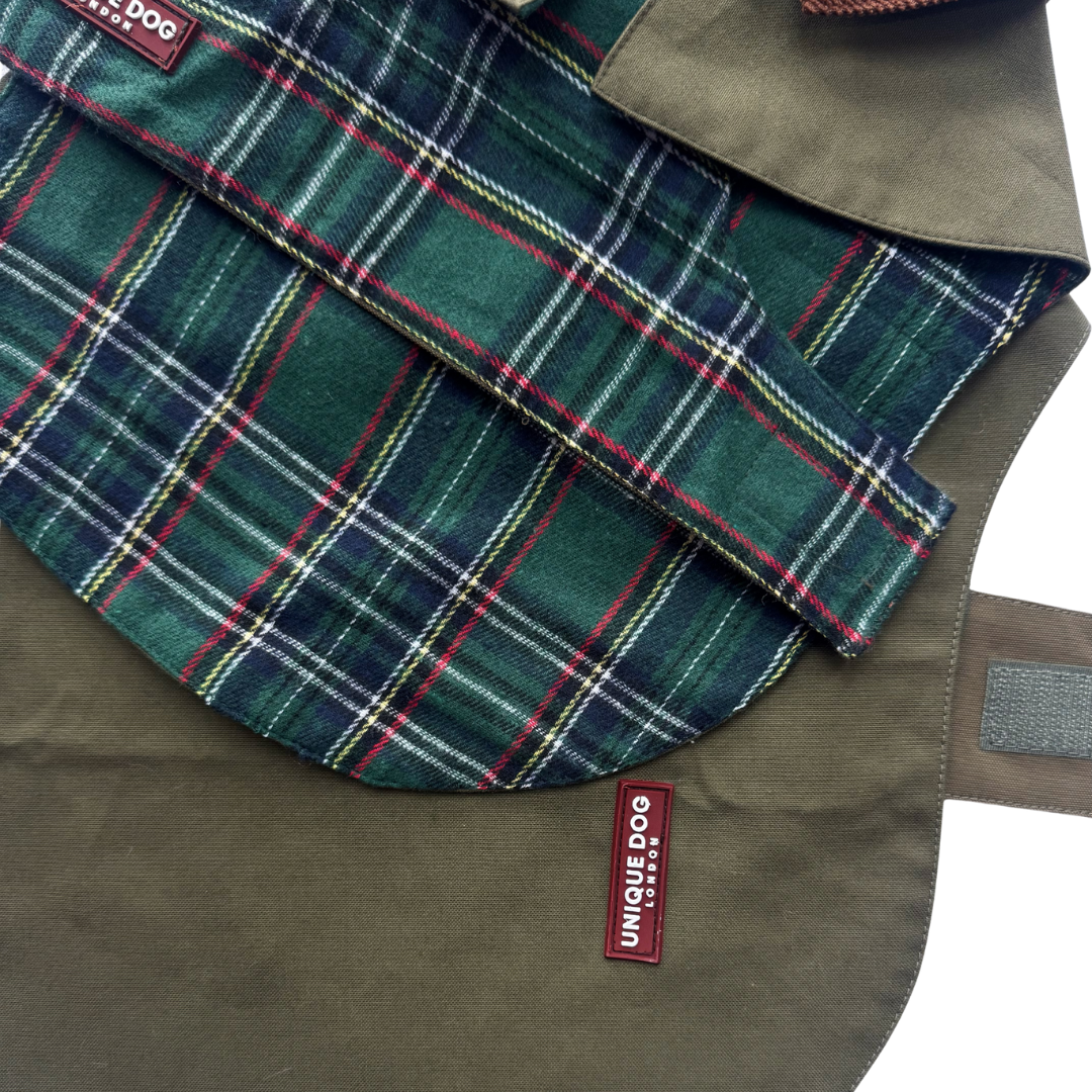Unique Dog British Olive Light Coat with Tartan Lining