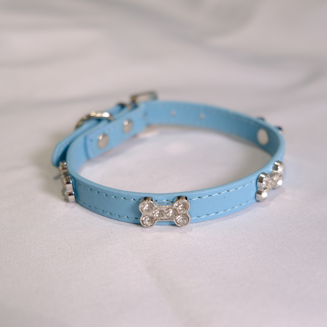 Blue Rhinestone Bone Dog Collar