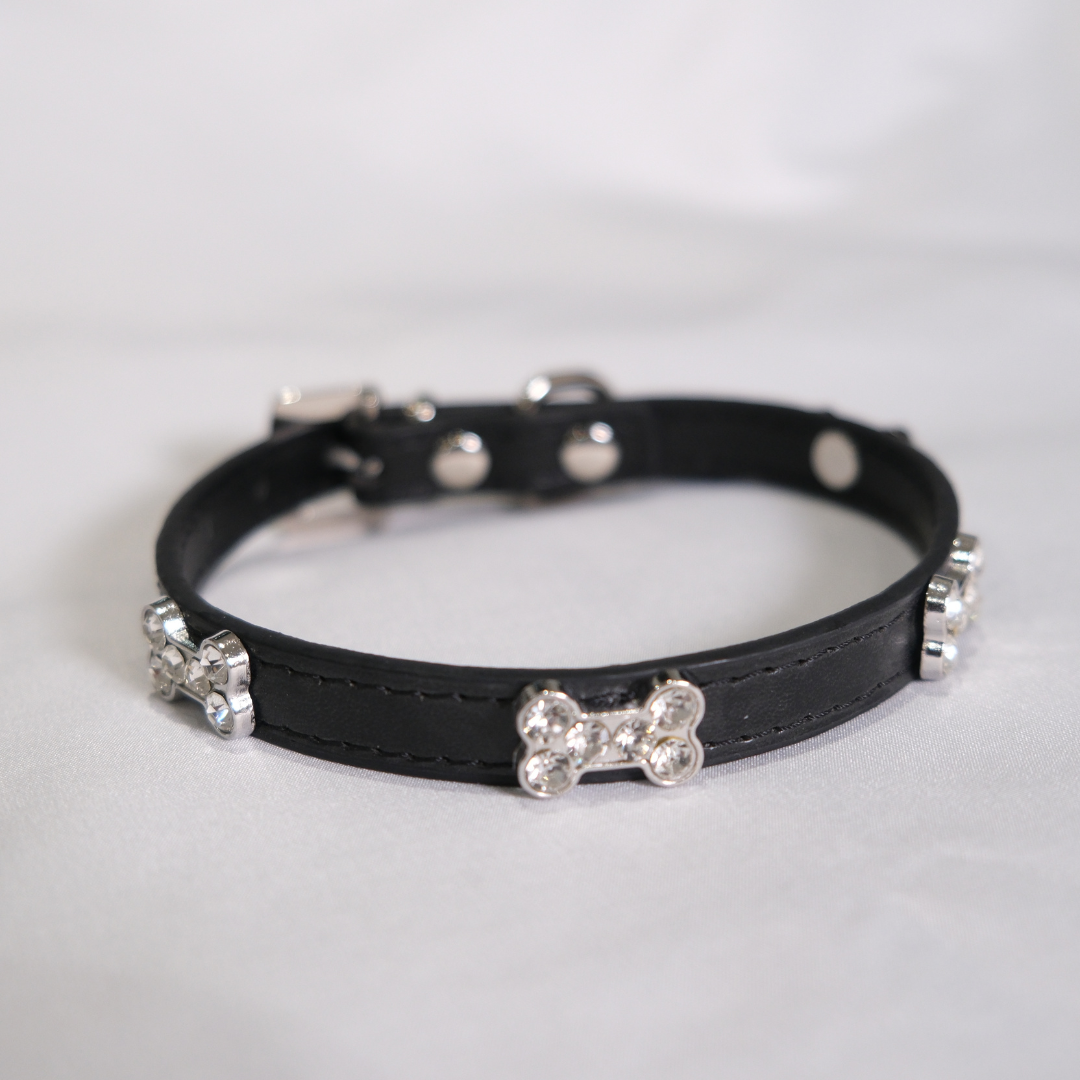 Black Rhinestone Bone Dog Collar