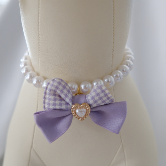 Princess Pearl Pet Necklace – Lavender Bow with Heart Charm | Pastel Pet Jewelry for Dogs & Cats