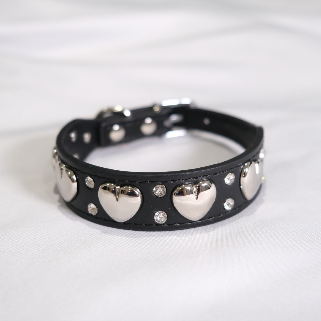 Black Dog Collar with Silver Heart Studs