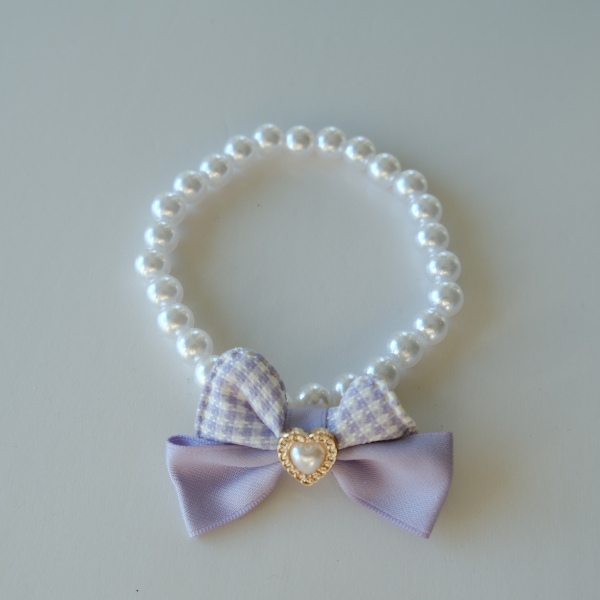 Princess Pearl Pet Necklace – Lavender Bow with Heart Charm | Pastel Pet Jewelry for Dogs & Cats