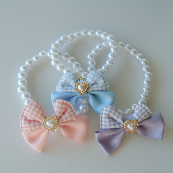 Princess Pearl Pet Necklace – Blue Bow with Heart Pearl Pendant | Cute Pet Accessory