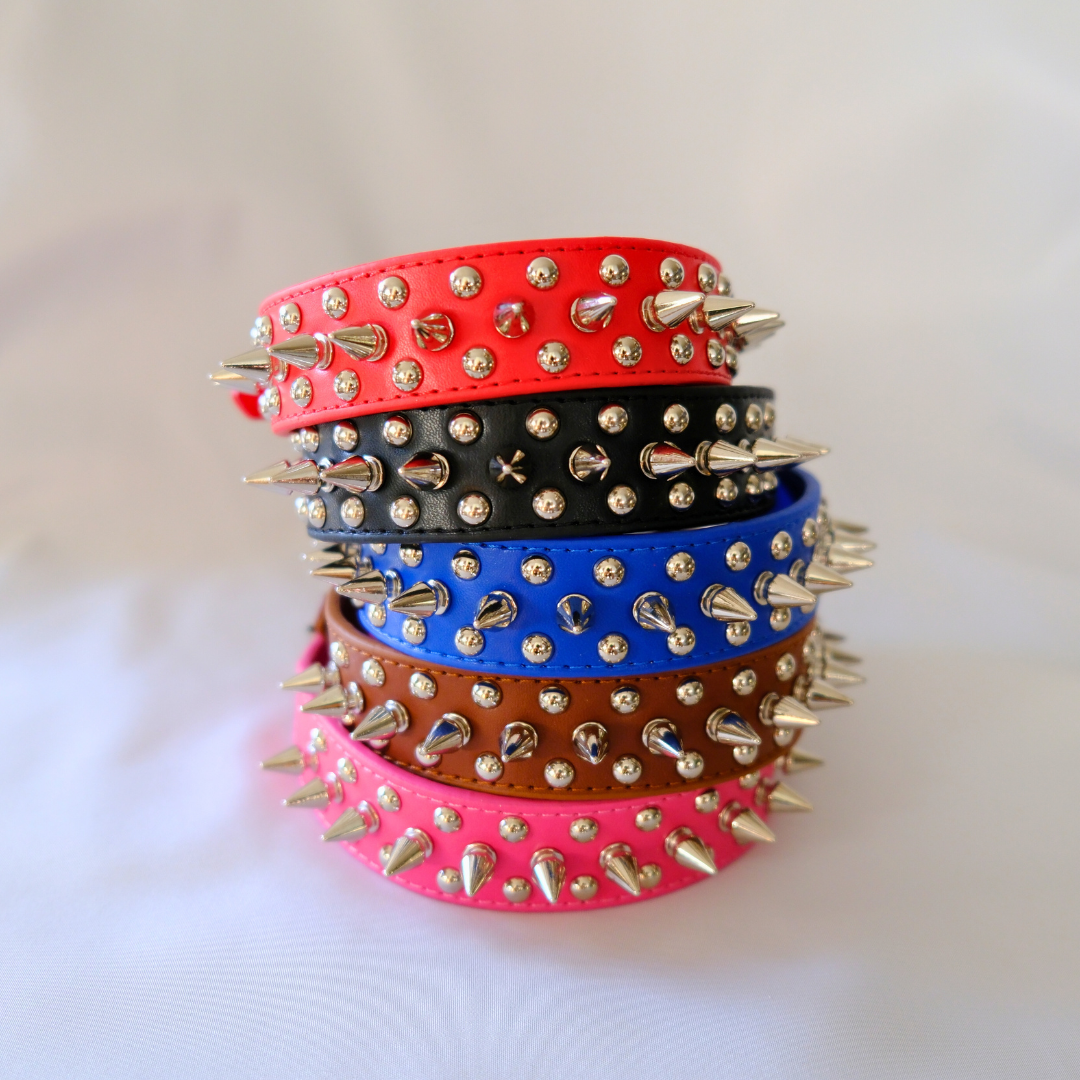 Blue Leather Dog Collar with Silver Spikes and Studs – XXS to XXXL