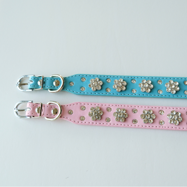 Bling Crystal Flower Dog Collar – Blue Faux Leather for Sparkly Small & Medium Dogs