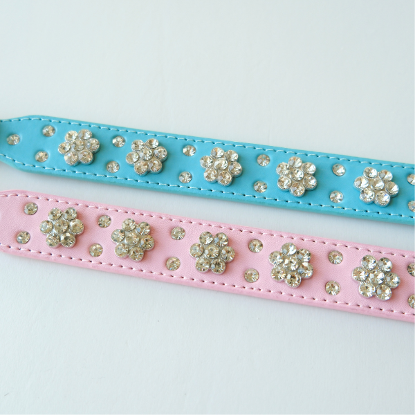 Bling Crystal Flower Dog Collar – Blue Faux Leather for Sparkly Small & Medium Dogs