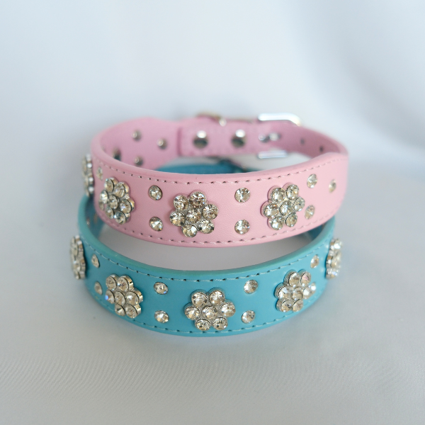 Bling Crystal Flower Dog Collar – Blue Faux Leather for Sparkly Small & Medium Dogs