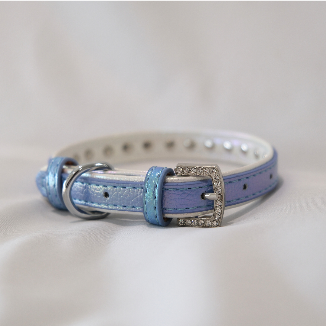 Iridescent Blue Rhinestone Dog Collar – Shiny Faux Leather with Crystals
