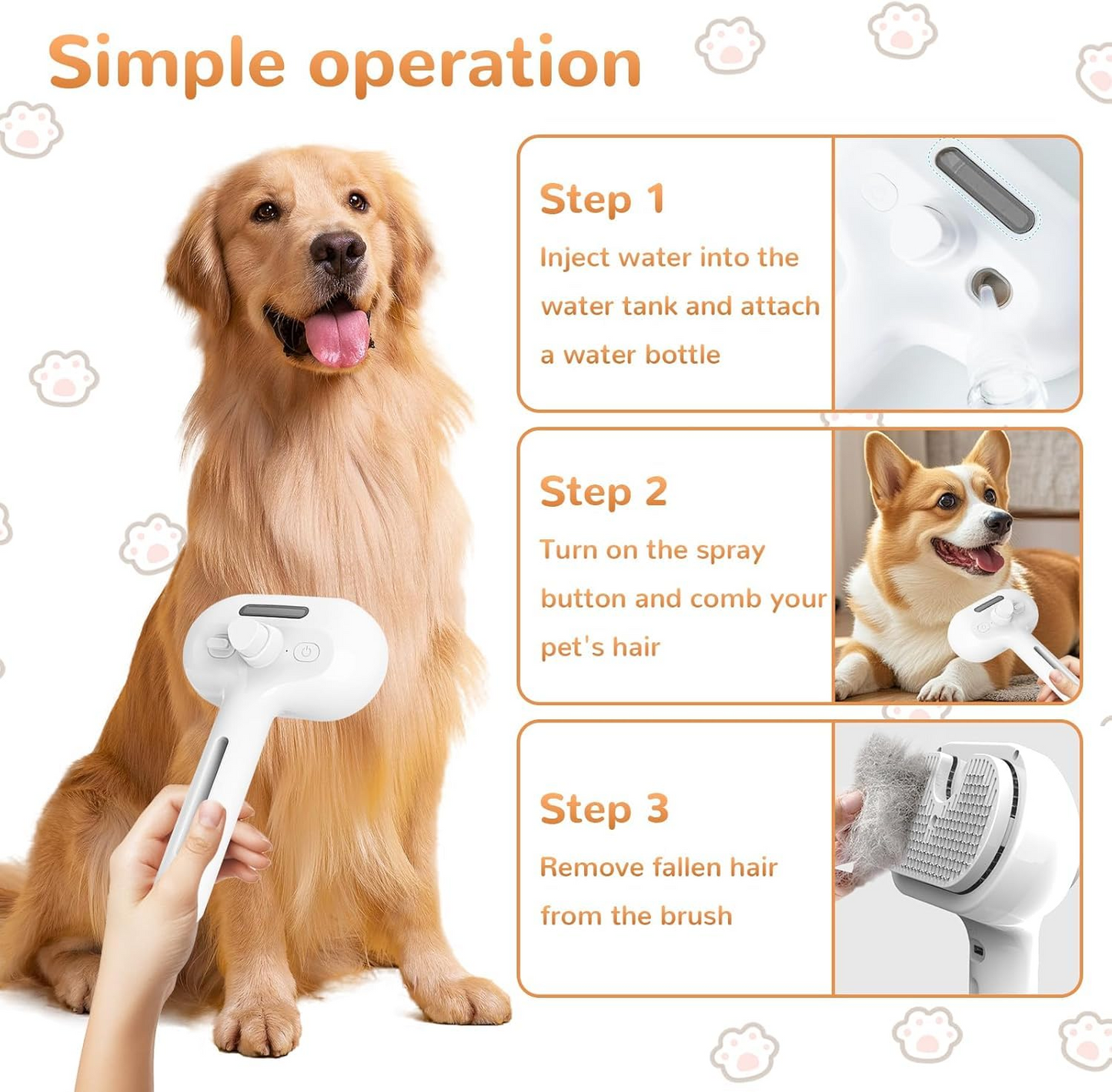 Magic Mist Self-Cleaning Grooming Brush — Rechargeable Steam Brush for Dogs & Cats with Hair Removal & Massage