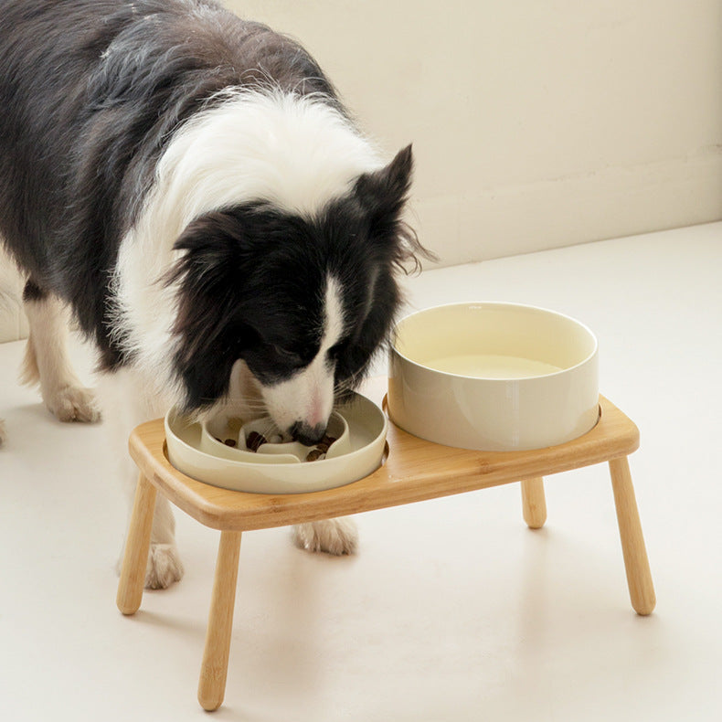 Slow Feeder & Water Bowl Set with Bamboo Stand – Soft Green