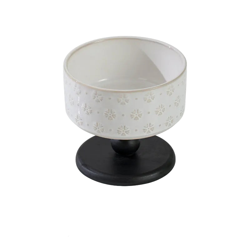 Snowflake Ceramic Pet Bowl with Wooden Base – Black Wood (Low Profile)