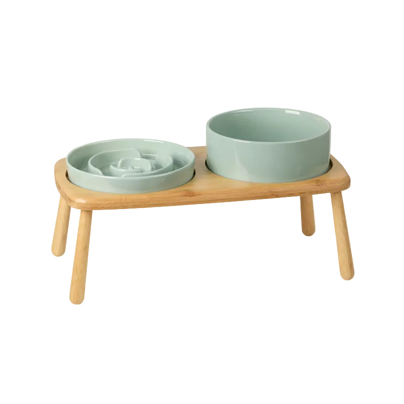 Slow Feeder & Water Bowl Set with Bamboo Stand – Cream White