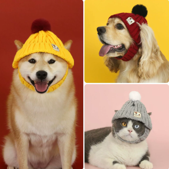 Cozy Knit Pom-Pom Dog Hat — Winter Warmth Edition