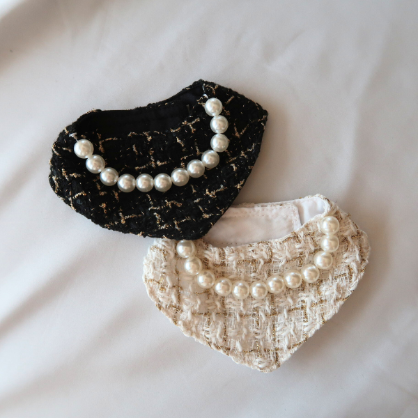 Chanel-Inspired Pearl Pet Bib – Cream Bouclé Elegance for Small Pets