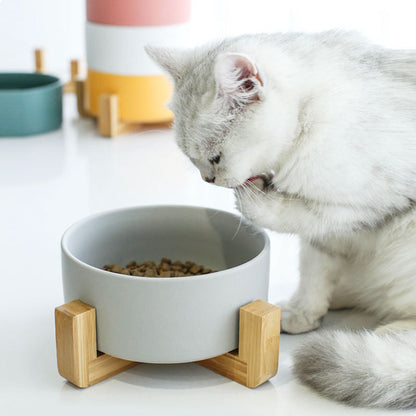 Grey Ceramic Pet Bowl with Bamboo Stand