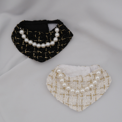 Chanel-Inspired Pearl Pet Bib – Black Classic Tweed for Stylish Pets