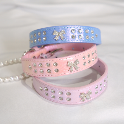 Stylish Blue Dog Collar with Rhinestone Embellishments and Sparkly Bow – Adjustable XS/S/M