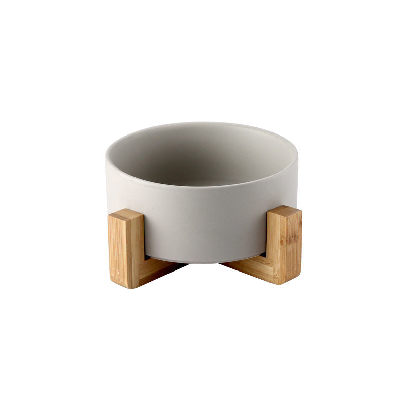 Grey Ceramic Pet Bowl with Bamboo Stand