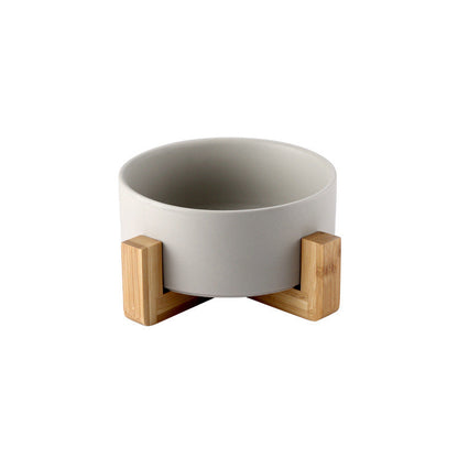 Grey Ceramic Pet Bowl with Bamboo Stand