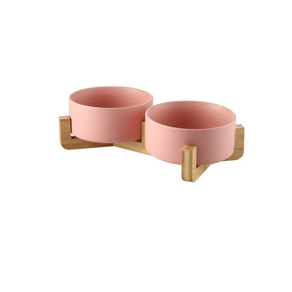 Double Pink Ceramic Pet Bowl with Bamboo Stand