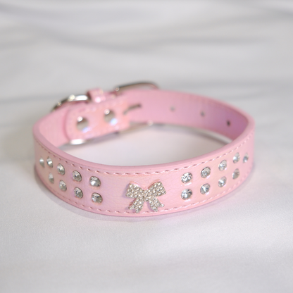 Cute Pink Dog Collar with Glitter Bow and Crystals – XS/S/M Sizes