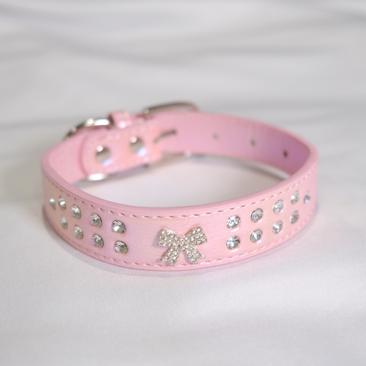 Cute Pink Dog Collar with Glitter Bow and Crystals – XS/S/M Sizes