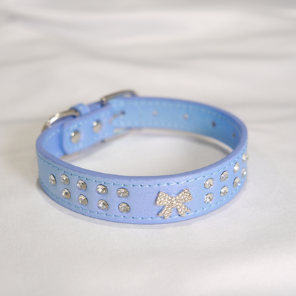 Stylish Blue Dog Collar with Rhinestone Embellishments and Sparkly Bow – Adjustable XS/S/M