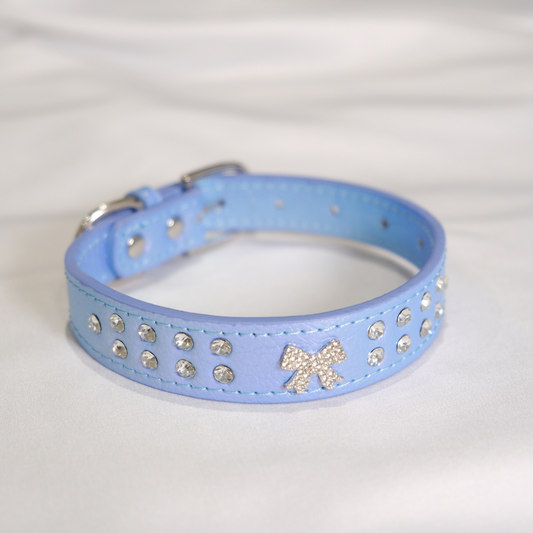 Stylish Blue Dog Collar with Rhinestone Embellishments and Sparkly Bow – Adjustable XS/S/M