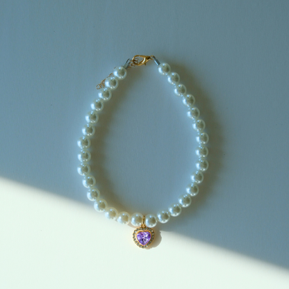 Royal Pearl Pet Necklace – Lavender Heart Charm | Chic & Cute Pet Jewelry