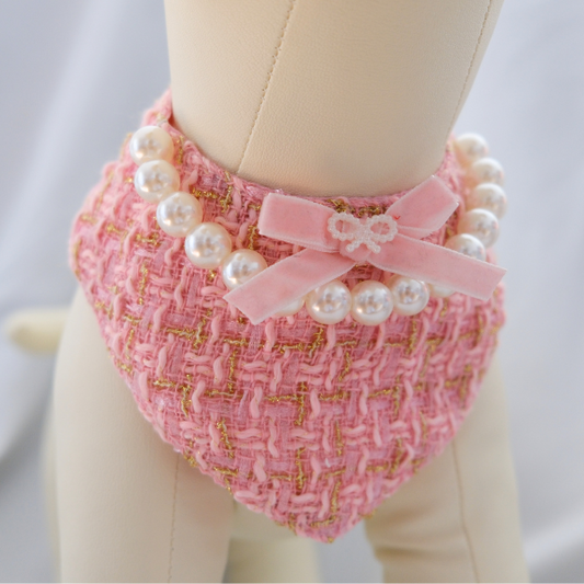 Chanel-Inspired Pearl Pet Bib – Pink Elegance for Small Dogs & Cats