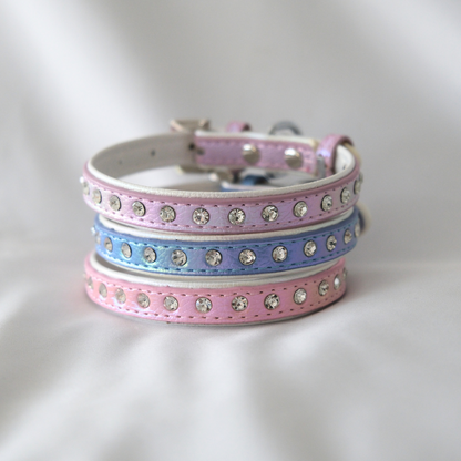 Iridescent Blue Rhinestone Dog Collar – Shiny Faux Leather with Crystals