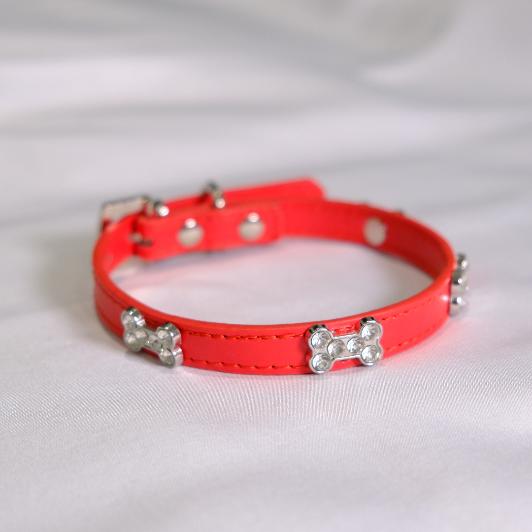 Red Rhinestone Bone Dog Collar