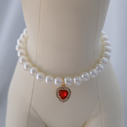 Royal Pearl Pet Necklace – Ruby Red Heart Charm | Glamorous Pet Accessory