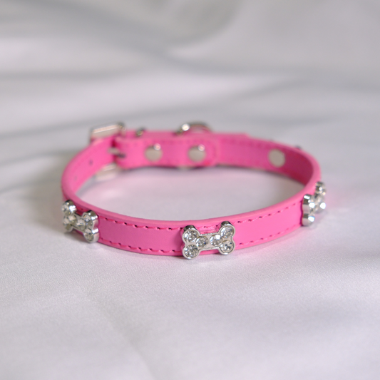 Hot Pink Rhinestone Bone Dog Collar