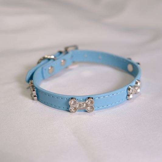 Blue Rhinestone Bone Dog Collar