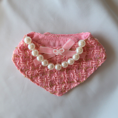 Chanel-Inspired Pearl Pet Bib – Pink Elegance for Small Dogs & Cats