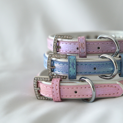 Iridescent Blue Rhinestone Dog Collar – Shiny Faux Leather with Crystals