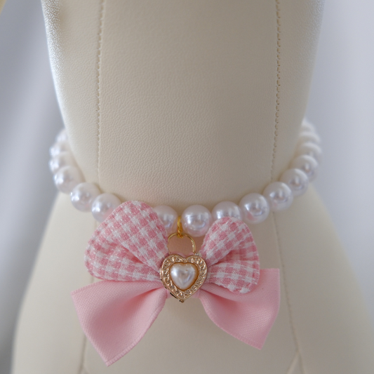 Princess Pearl Pet Necklace – Pink Gingham Bow with Heart Charm | Elegant Dog & Cat Jewelry