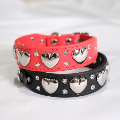 Black Dog Collar with Silver Heart Studs