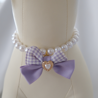 Princess Pearl Pet Necklace – Lavender Bow with Heart Charm | Pastel Pet Jewelry for Dogs & Cats