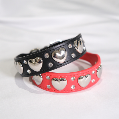 Black Dog Collar with Silver Heart Studs