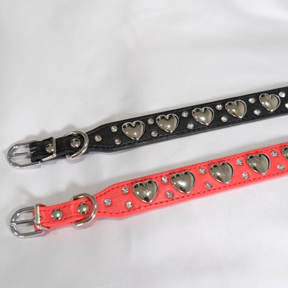Black Dog Collar with Silver Heart Studs
