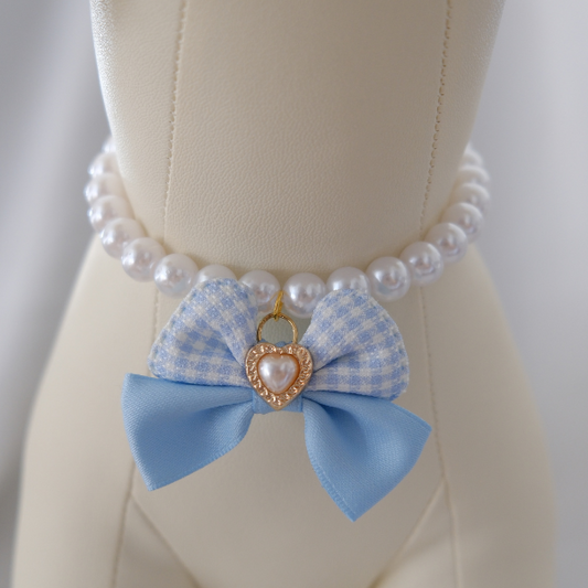 Princess Pearl Pet Necklace – Blue Bow with Heart Pearl Pendant | Cute Pet Accessory