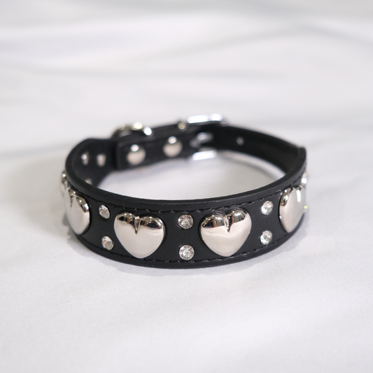 Black Dog Collar with Silver Heart Studs