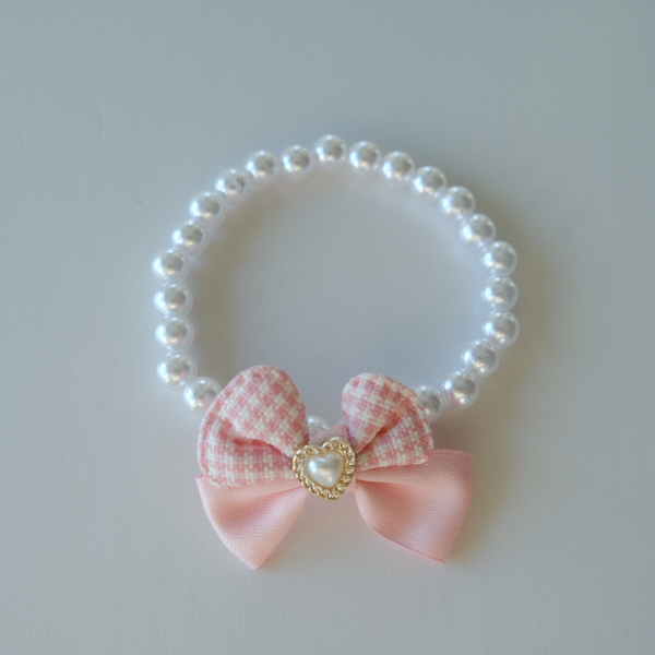 Princess Pearl Pet Necklace – Pink Gingham Bow with Heart Charm | Elegant Dog & Cat Jewelry